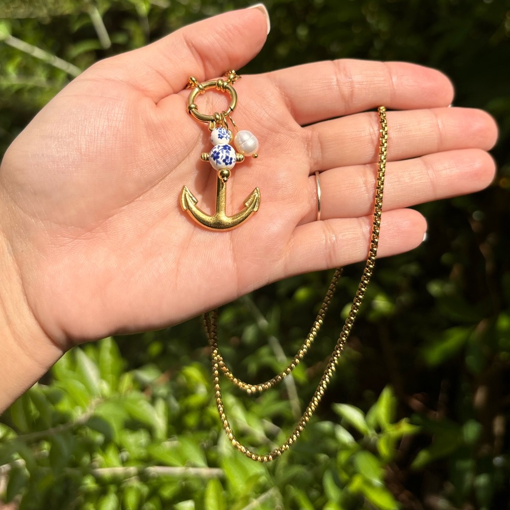 18K Gold Plated Anchor Charm Long Necklace - Picture 3 of 6